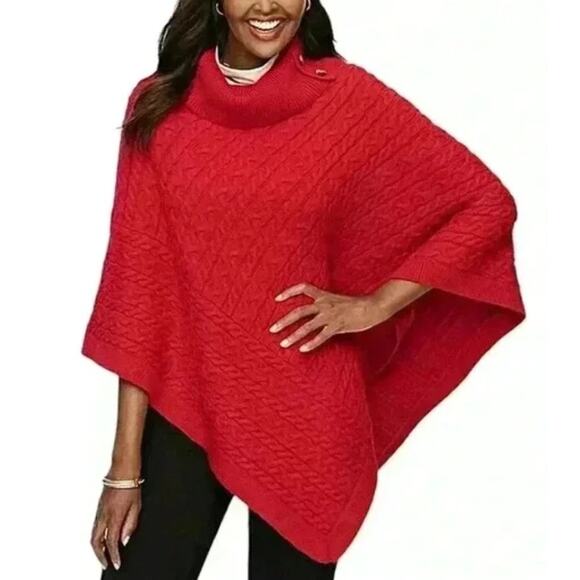 Talbots Red Cable Knit Triangle Poncho Sweater Large cotton blend holiday - Picture 1 of 6